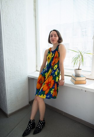 VINTAGE 80'S MULTICOLOUR FLORAL PRINT MIDI DRESS