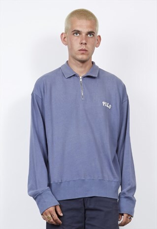 VINTAGE 90'S POLO RALPH LAUREN BLUE ZIP POLO SWEATSHIRT
