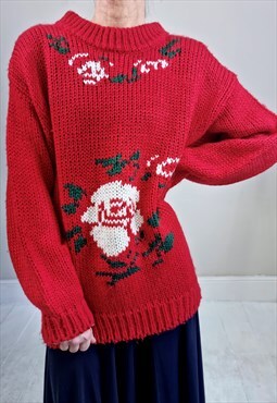 Vintage 90's Red Rose Print Chunky Knit Jumper