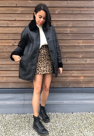 VINTAGE BLACK LEATHER SHEARLING COAT