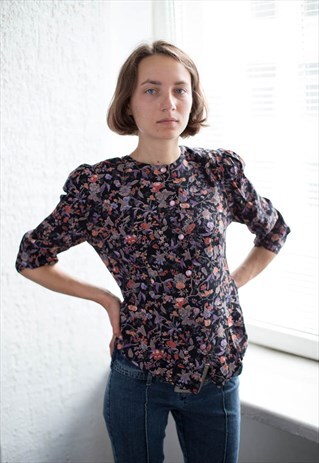 VINTAGE 70'S BLACK FLORAL PRINT 3/4 SLEEVED BLOUSE