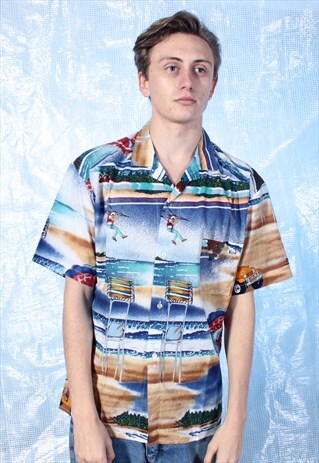 VINTAGE NAVY, BROWN AND TEAL BEACH PATTERNED SHIRT