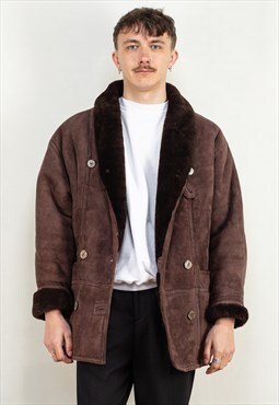 Vintage 80's Men Sheepskin Suede Coat in Brown
