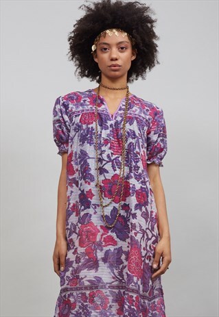 MAGENTA AND PURPLE 70'S FLORAL INDIAN BOHO DRESS