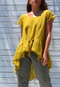 Mustard organic cotton asymmetrical ruffled long tunic top