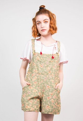 VINTAGE 90'S GREEN FLORAL CUTE DUNGAREES PLAYSUIT