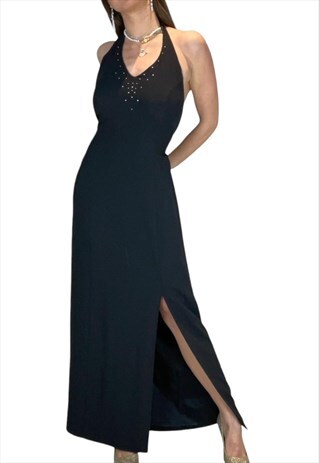 Black Ball Gown Evening Prom Halter neck Dress