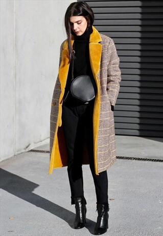 FAUX FUR LINING LONGLINE PLAID COAT