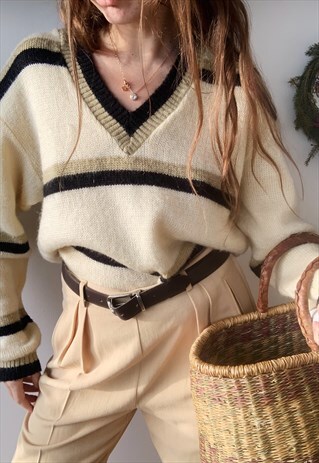 VINTAGE 70S UNISEX STRIPED V-NECK KNITTED JUMPER SWEATER