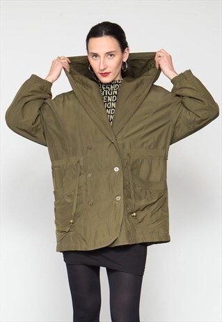 VINTAGE 80'S GREEN PURE SILK OVERSIZE HOODED JACKET