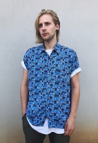 VINTAGE ABSTRACT PATTERNED BLUE SHIRT