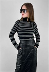 Vintage Roll Neck Grey Black Stripe Cashmere Jumper