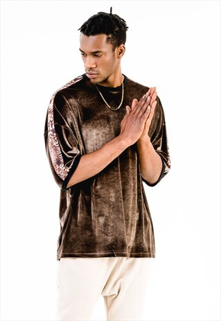 UNISEX VELVET T-SHIRT IN BROWN WITH LEOPARD PRINT TAPE