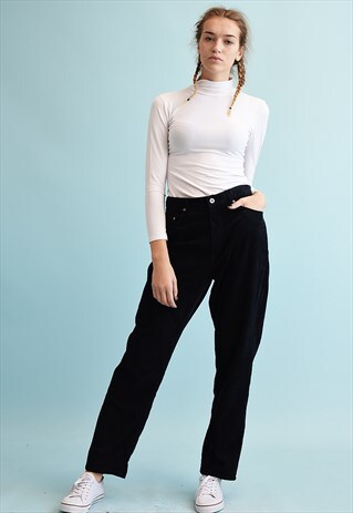 90'S RETRO CORDUROY REGULAR WAIST NAVY BLUE TROUSERS