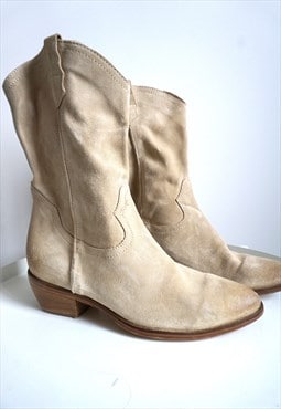 Vintage Beige Suede Leather Cowboy Western Boots Shoes