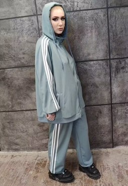 Hooded tracksuit 90s stripe sports set punk jacket and pants