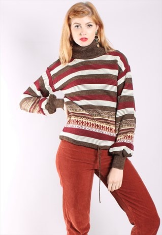 VINTAGE 70S NORDIC KNIT RIBBED TURTLE NECK JUMPER