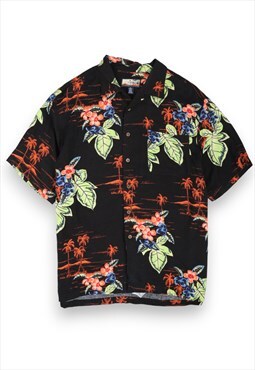 Black hibiscus palm tree print loose fit hawaiian shirt