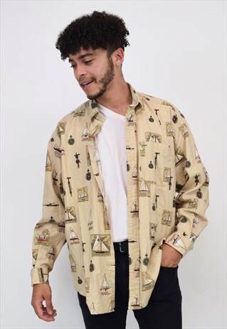 VINTAGE 90S TOMMY HILFIGER BEIGE YACHT PRINT SHIRT
