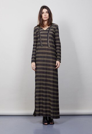VINTAGE BLACK AND GOLD 70'S HOODED MAXI DISCO DRESS