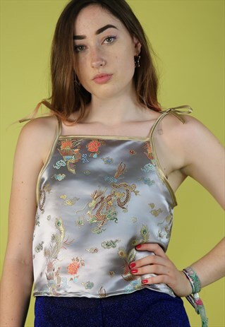 EMBROIDERED DRAGON TOP IN SILVER