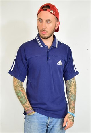 VINTAGE 90S ADIDAS NAVY BLUE WHITE CLASSIC POLO T SHIRT