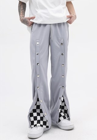 BUTTON UP PANTS WIDE CHECK PATTERN FLARE JOGGERS IN GREY