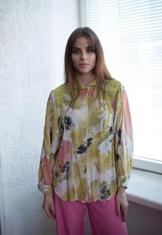 VINTAGE 70'S YELLOW FLOWER PRINT LOOSE BUTTON UP BLOUSE