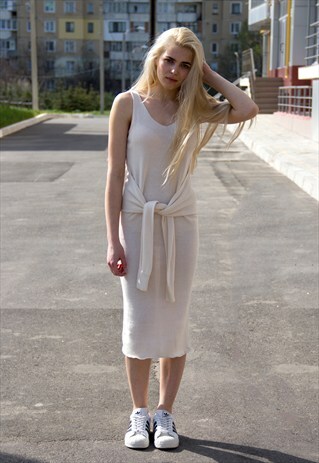COTTON KNITTED SUMMER SLEEVE TIE DRESS