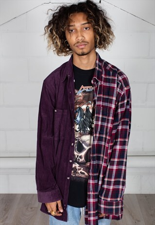 VINTAGE CORDUROY CHECKED FLANNEL RECONSTRUCTED UNISEX SHIRT