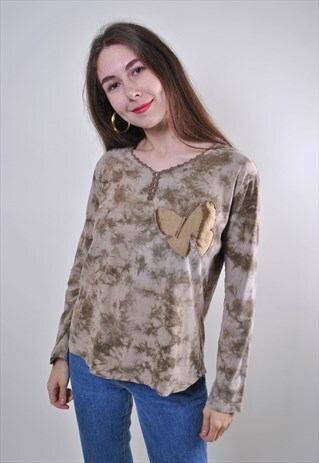 ABSTRACT PRINT GREEN PULLOVER BLOUSE WITH BUTTERFLY