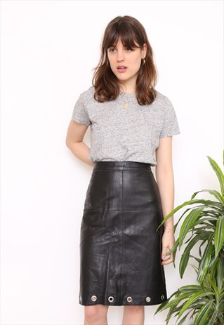 VINTAGE 80S BLACK LEATHER STUDDED MIDI SKIRT