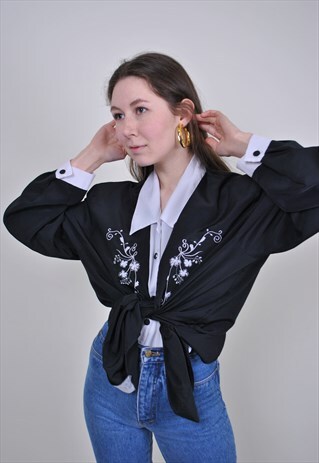 80S DOBLE BLOUSE, VINTAGE FLORAL BLACK WHITE EVENING SHIRT