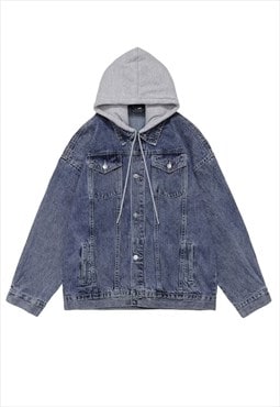 Denim hood jacket punk faded jean coat in washed blue