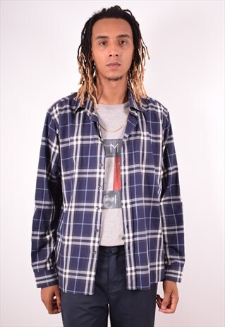 BURBERRY MENS VINTAGE SHIRT XXXL NAVY BLUE CHECK 90S