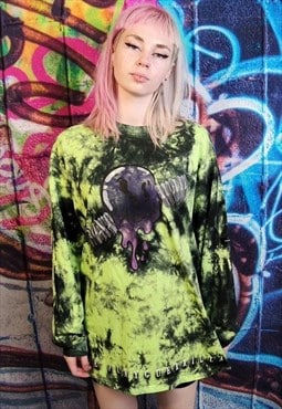 Emoji print top 90s fluorescent graffiti long tee in green