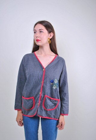 VINTAGE COTTAGECORE CARDIGAN, FLOWER EMBROIDERED SWEATER 