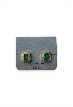 Dior Earrings vintage emerald green diamante gold tone studs