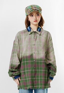 Gradient checked shirt ripped plaid top lumberjack blouse
