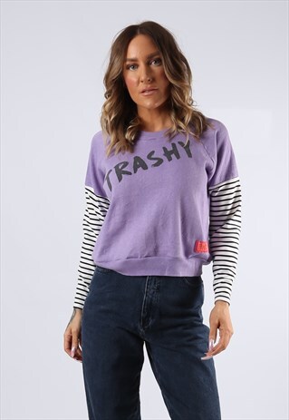 CROPPED SWEATSHIRT TOP STRIPED BICH TRASHY PRINT (K9DN)