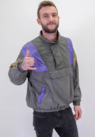 VINTAGE 1/2 ZIP FESTIVAL SHELL PATTERN JACKET IN GREY LARGE