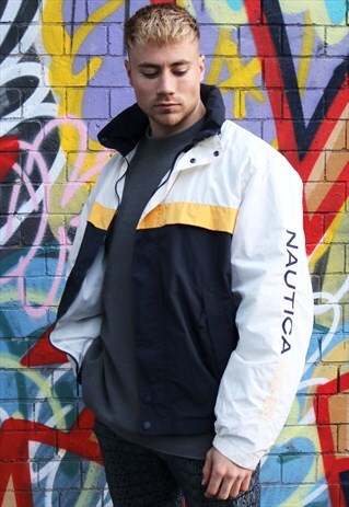 WHITE YELLOW AND NAVY NAUTICA WINDBREAKER JACKET
