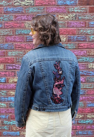 VINTAGE REWORKED 90S DENIM JACKET WITH FISH FLORAL BADGE
