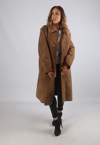 VINTAGE SHEEPSKIN SUEDE SHEARLING COAT MID LONG UK 18 (C9BL)