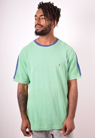TOMMY HILFIGER MENS VINTAGE T-SHIRT TOP LARGE GREEN 90S