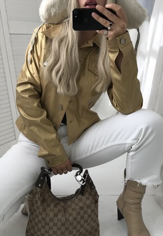 VINTAGE 90S Y2K MATT GOLD PVC BUTTON DOWN BIKER JACKET