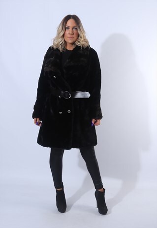 FAUX FUR COAT JACKET SHORT KNEE LENGTH VINTAGE UK 14 (F94I)