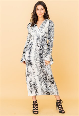 V-WRAP LONG SLEEVE MIDI DRESS IN GREY SNAKESKIN PRINT