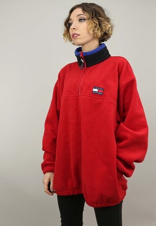 VINTAGE 90S OVERSIZED RED 1/4 ZIP TOMMY HILFIGER FLEECE
