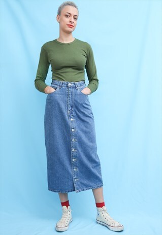 90S VINTAGE BUTTONED LONG DENIM SKIRT